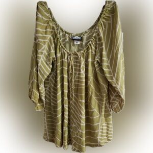 Manuhealii Olive Green and White Printed Peasant Blouse